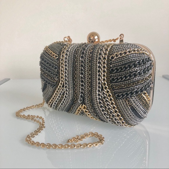 Zara Handbags - ZARA chain embellished gold hard box clutch purse